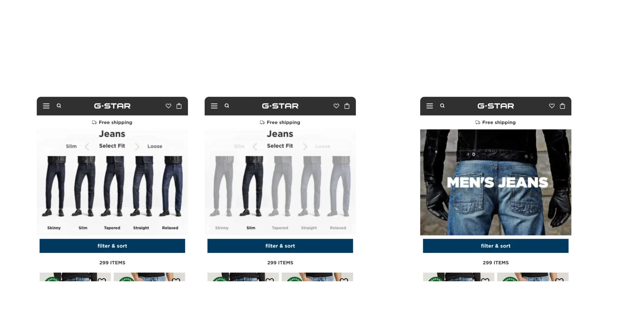 The 2021 A/B test: the fit selector, with one fit selected, against the classic “Men’s jeans” banner