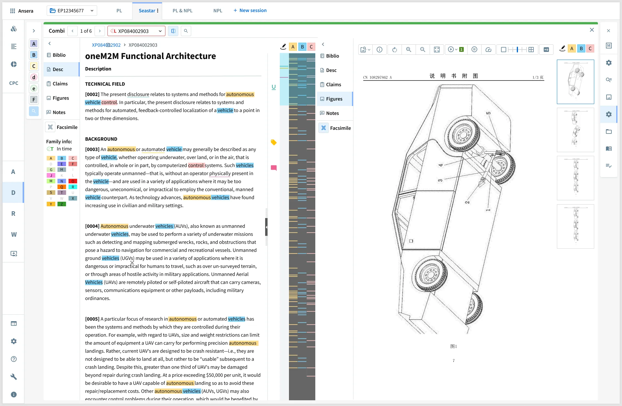 Ansera: a patent application with highlighted search terms, the marker density bar, and the drawings side by side
