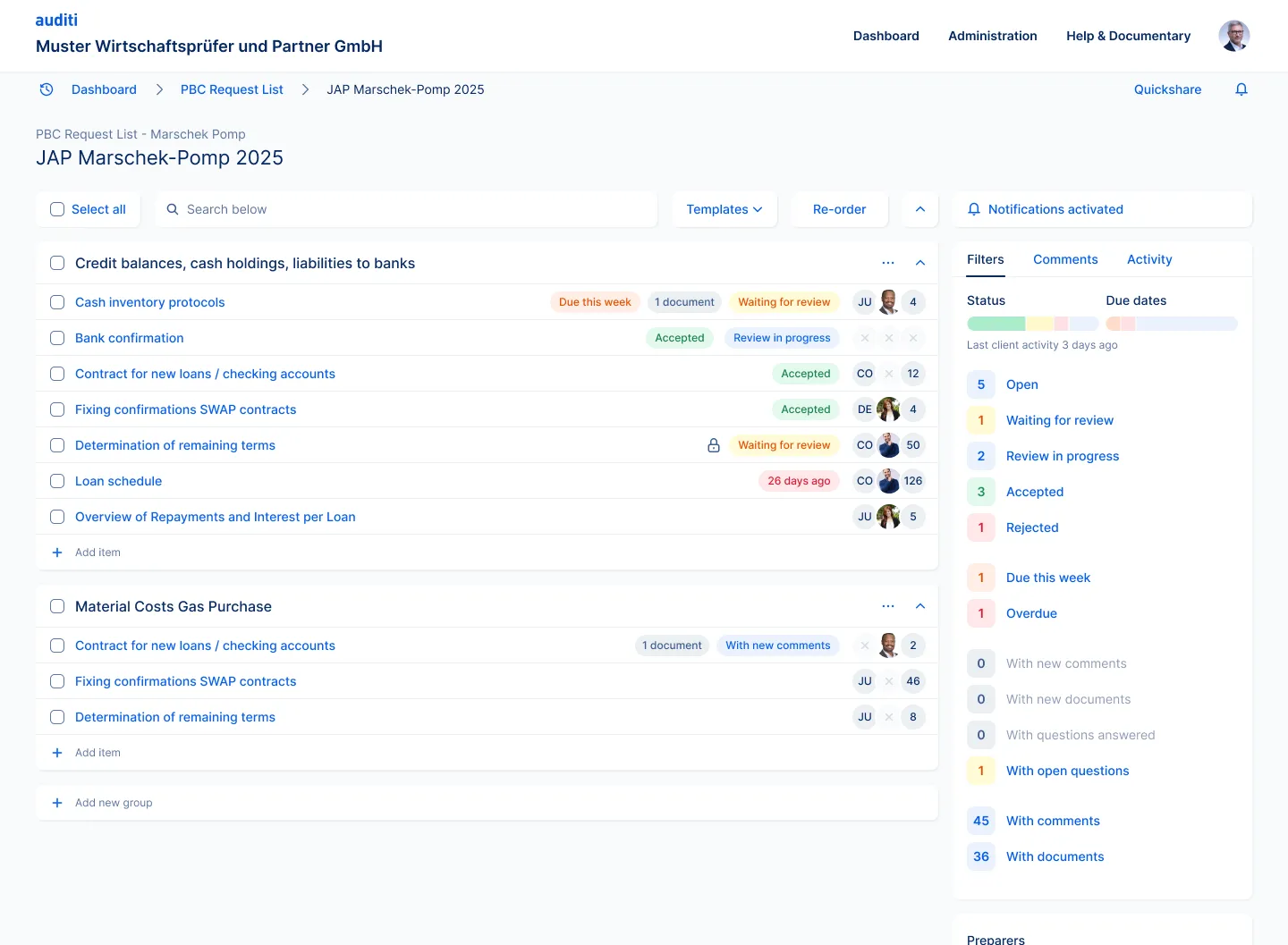 An Auditi PBC request list: requests grouped by audit section with status, due dates and assignees, next to a filter panel
