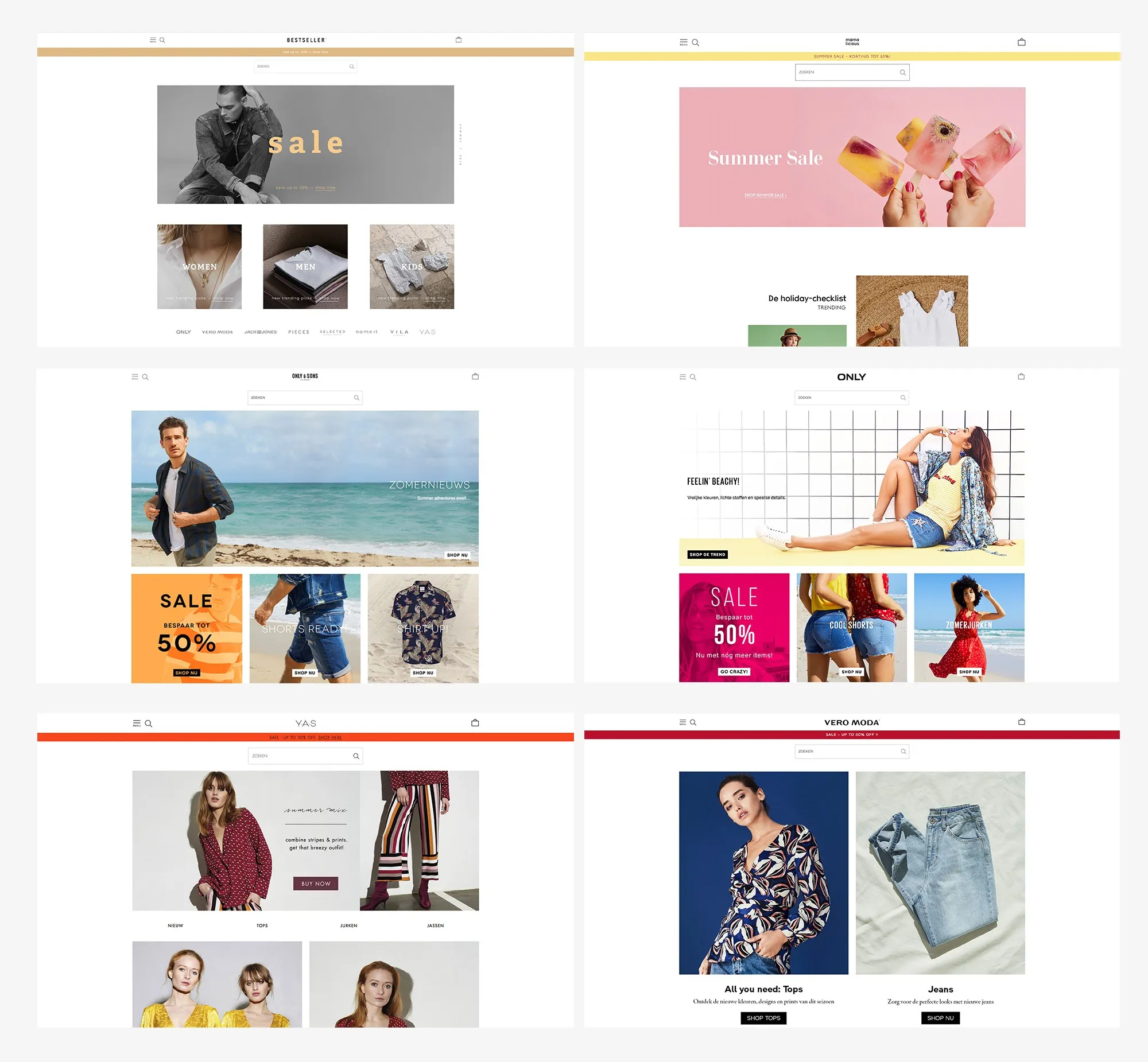 Home pages of Bestseller, Mama.licious, Only & Sons, Only, Y.A.S and Vero Moda, all built from the same template, each with its own logo, colour banner and campaign photos