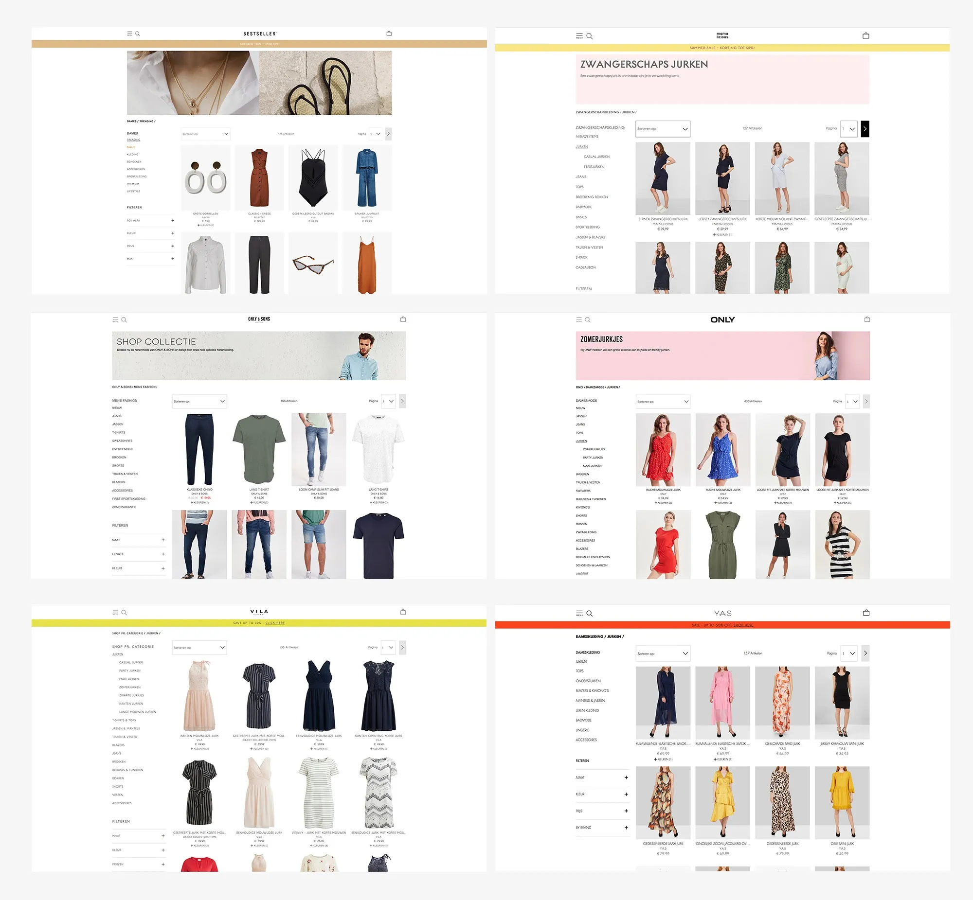 Product listing pages of Bestseller, Mama.licious, Only & Sons, Only, Vila and Y.A.S, with the same category menu, filters, sorting and product grid
