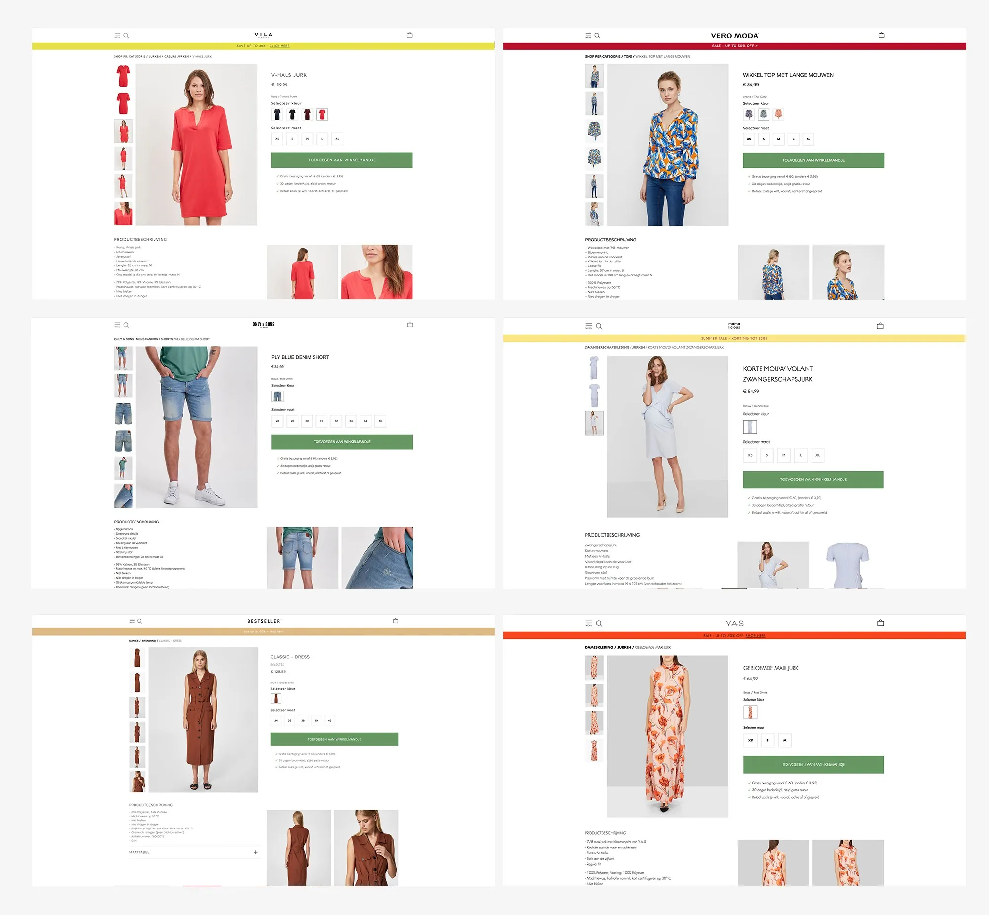 Product pages of Vila, Vero Moda, Only & Sons, Mama.licious, Bestseller and Y.A.S, with the same gallery, colour and size selectors and green add-to-bag button