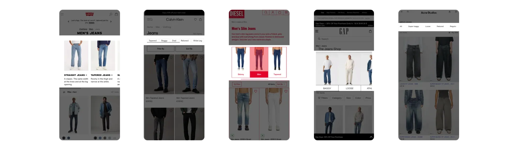 Competitor jeans pages: Levi’s, Calvin Klein, Diesel, Gap and Acne Studios, each helping shoppers choose a fit