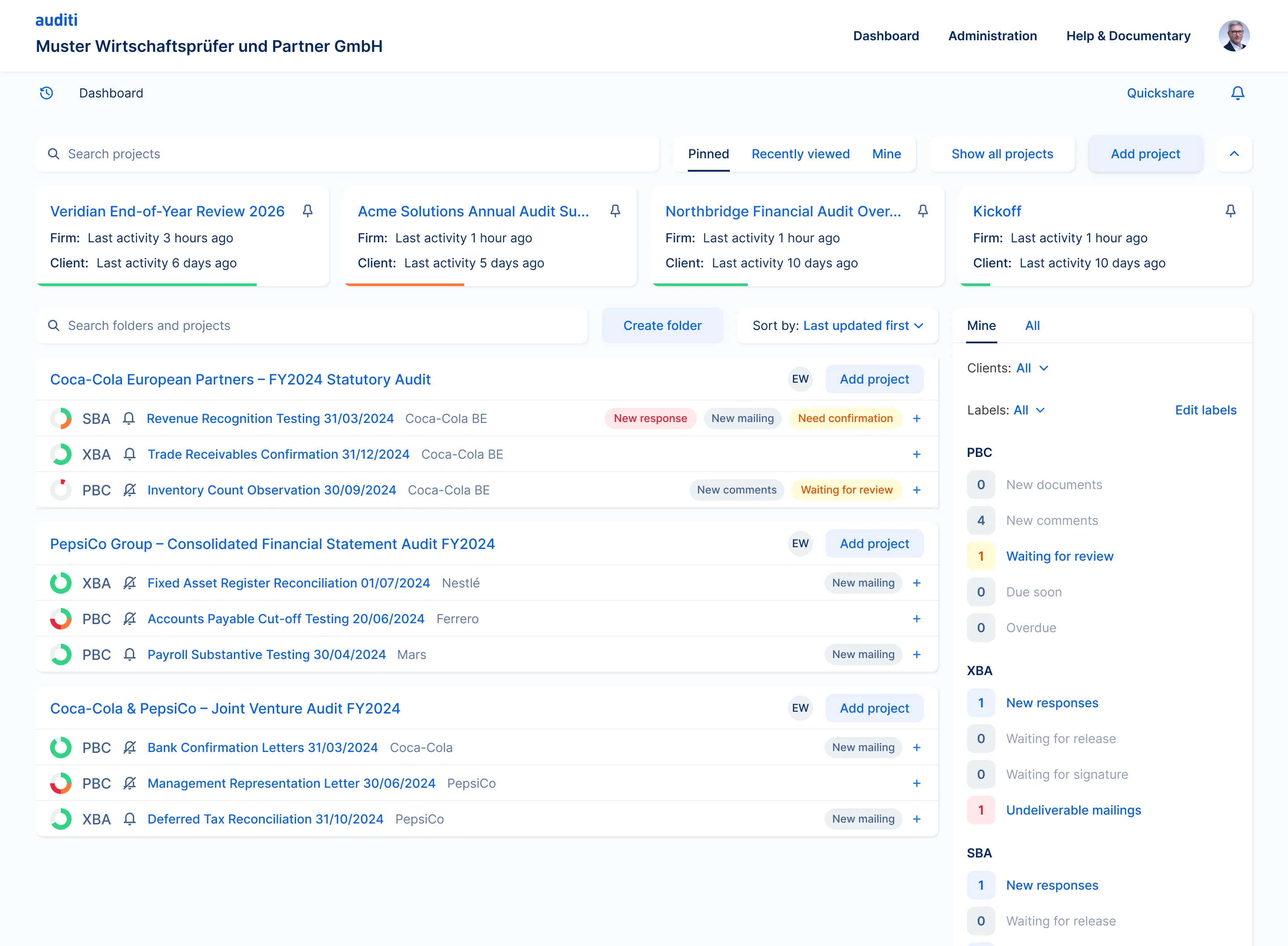 The Auditi dashboard: pinned projects with firm and client activity, projects grouped by client with status tags, and a side panel counting what needs attention per tool
