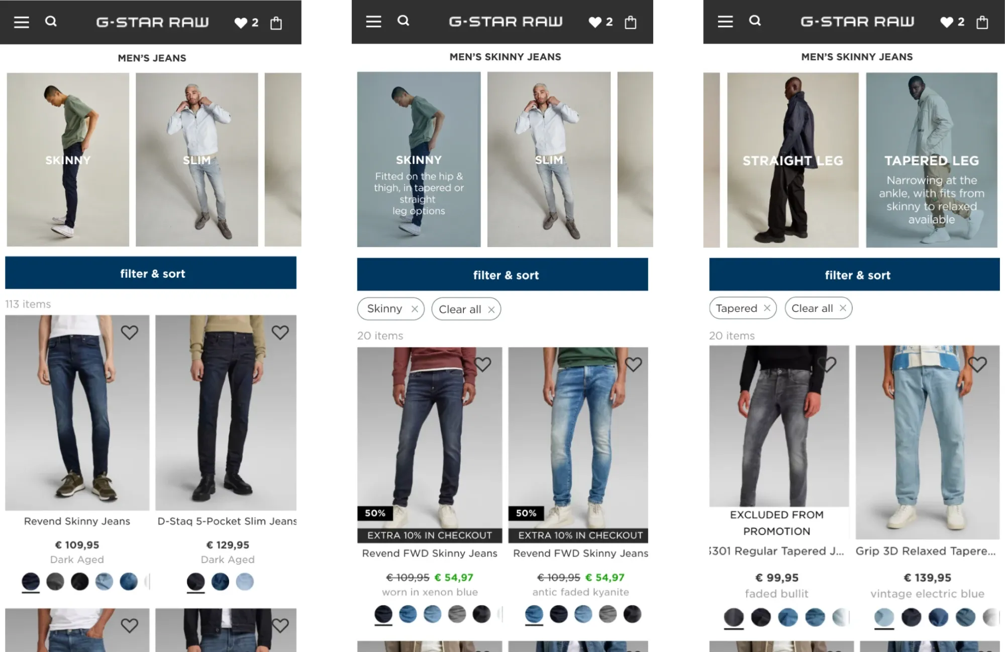 Final design of the fit selector on mobile: the carousel of fits, then a fit selected with its description and filter applied