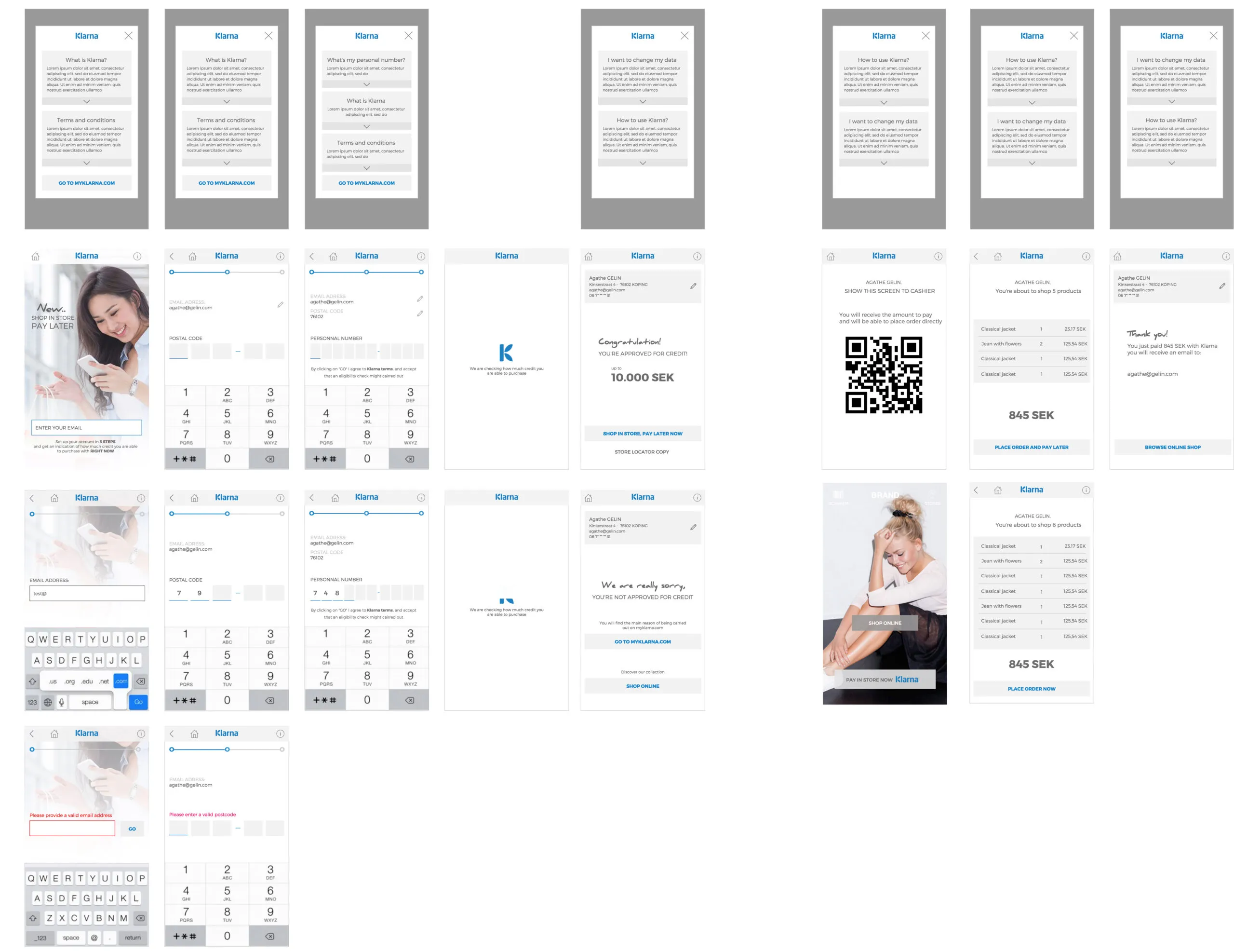 The full set of Klarna in-store payment screens, including help pop-ups, sign-up steps, error states, the QR code and the order confirmation