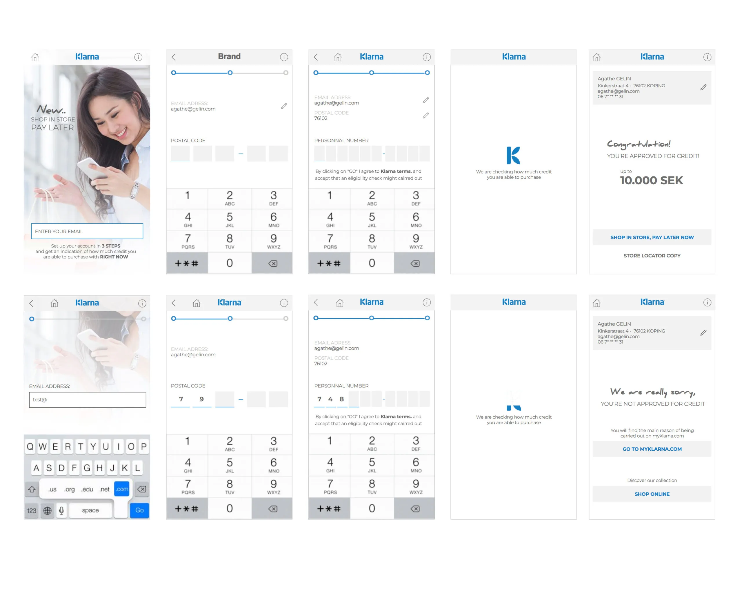 Klarna app screens for signing up to pay in store, from entering an email and postal code to the “approved” and “not approved” results