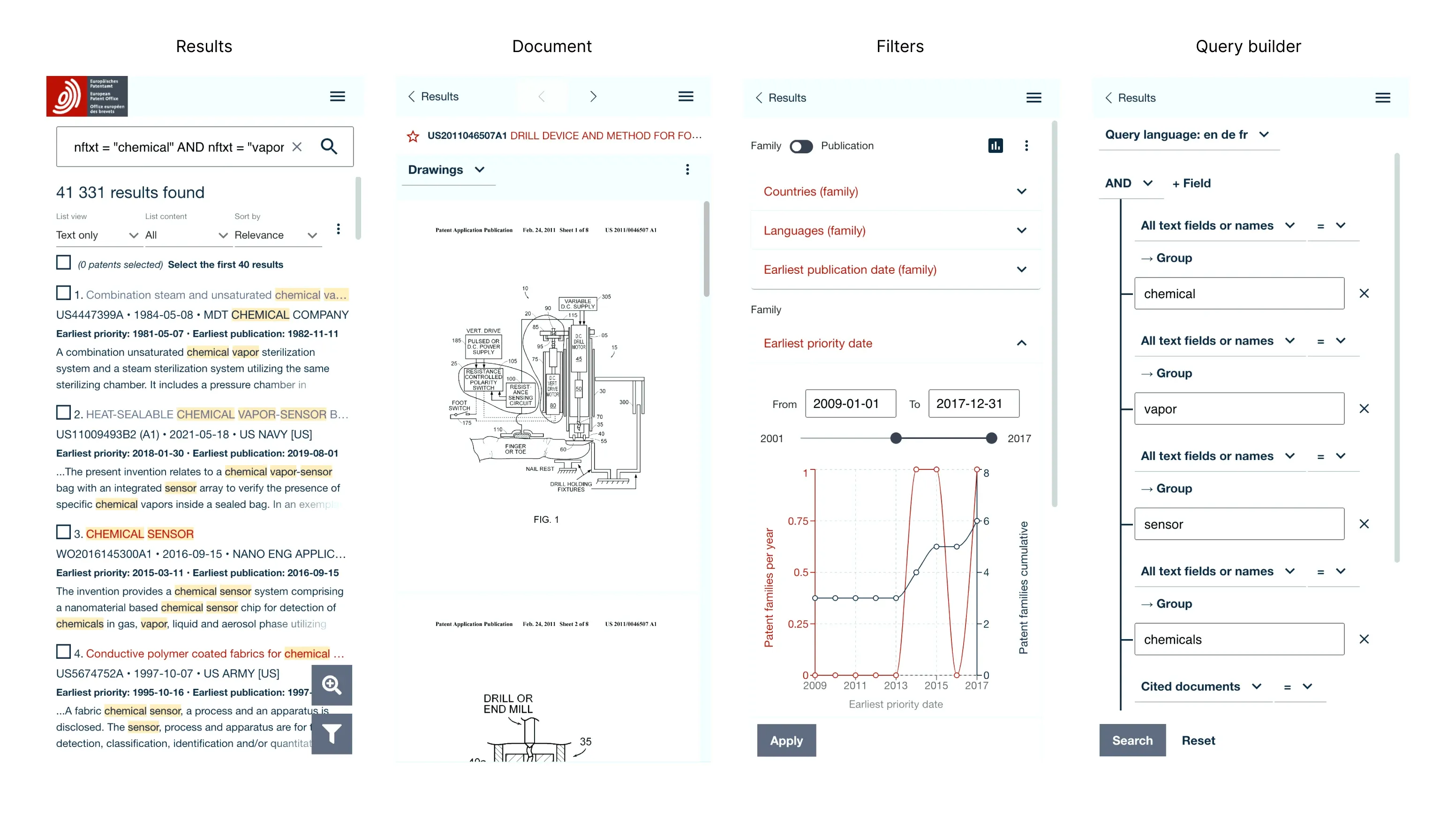 The four blocks on mobile: results, document, filters and query builder