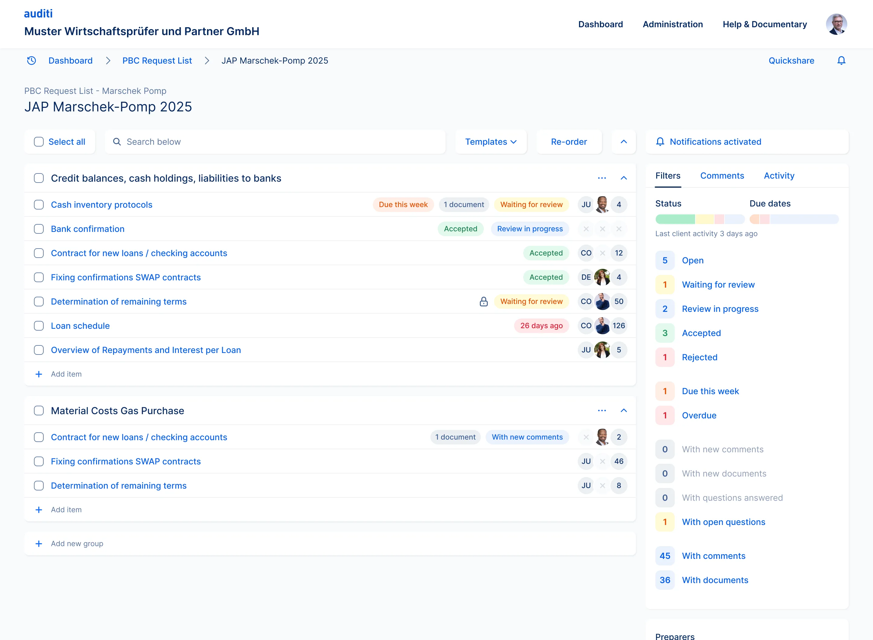 A PBC request list: grouped requests with status, due dates, documents and owners, next to a filter panel with live counts per status