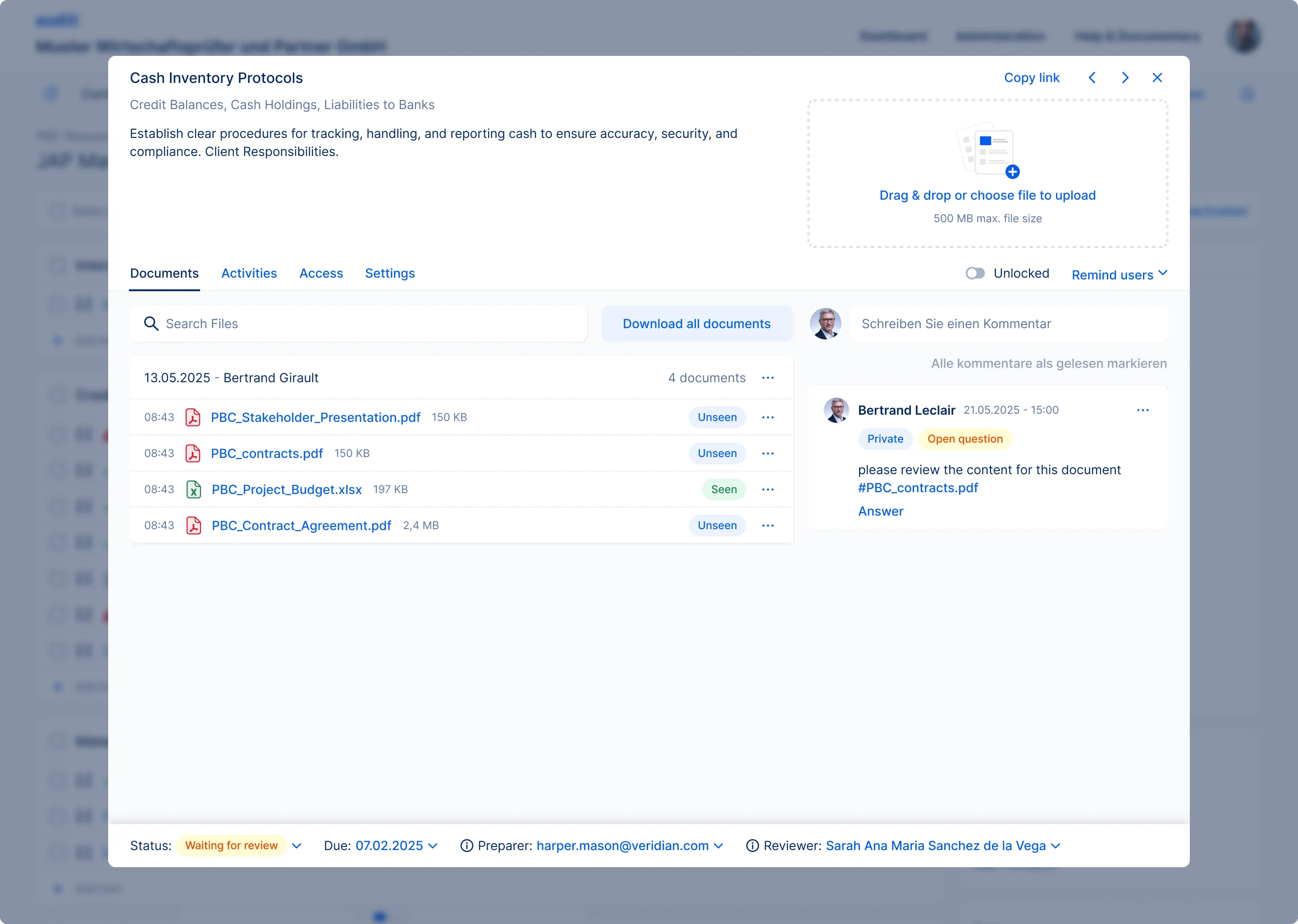 A single PBC request: description, drag-and-drop upload, documents marked seen or unseen, a comment thread with an open question and a file reference, and status, due date, preparer and reviewer at the bottom