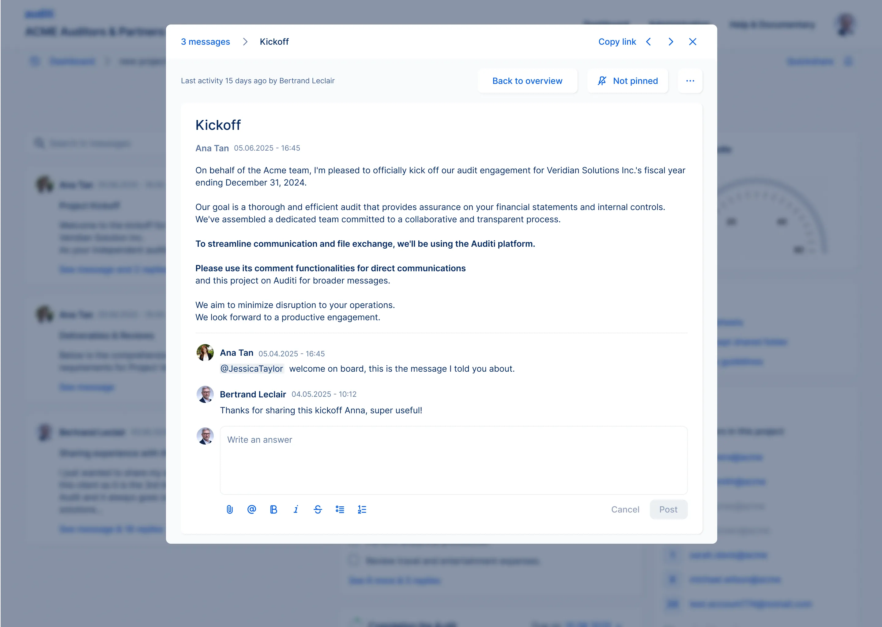 A single message thread with replies and a rich-text answer field