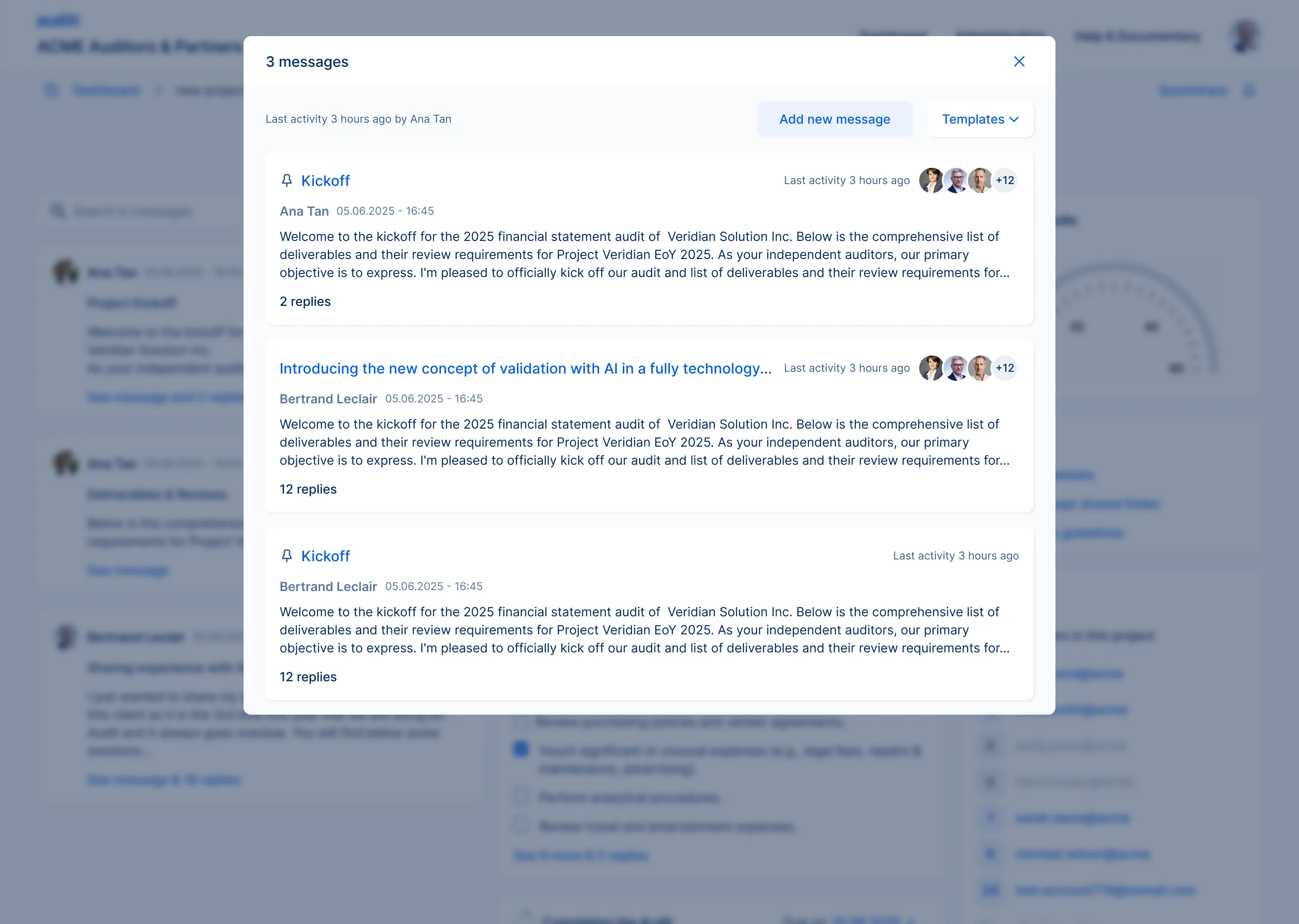 All project messages, with last activity and participants