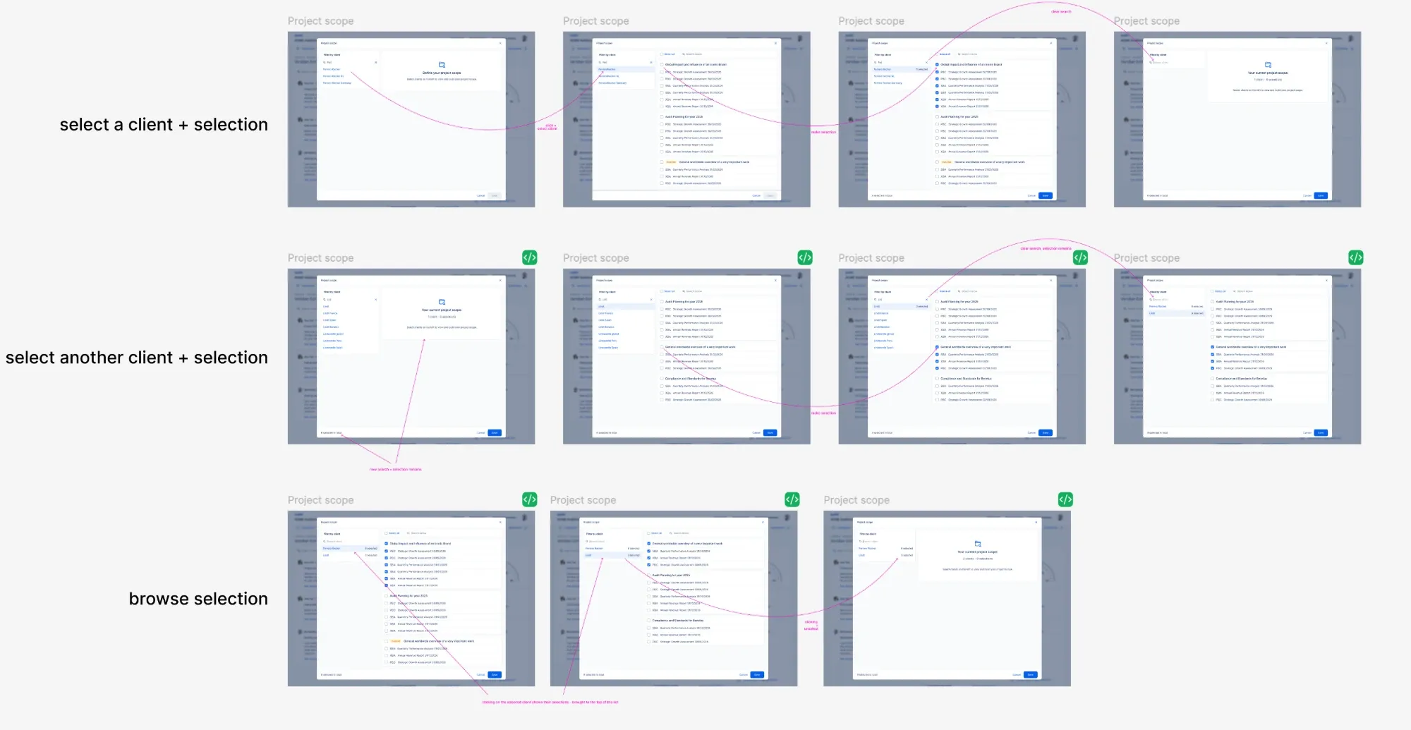 Project scope flow: select a client and its lists, select another client while the first selection remains, then browse the whole selection
