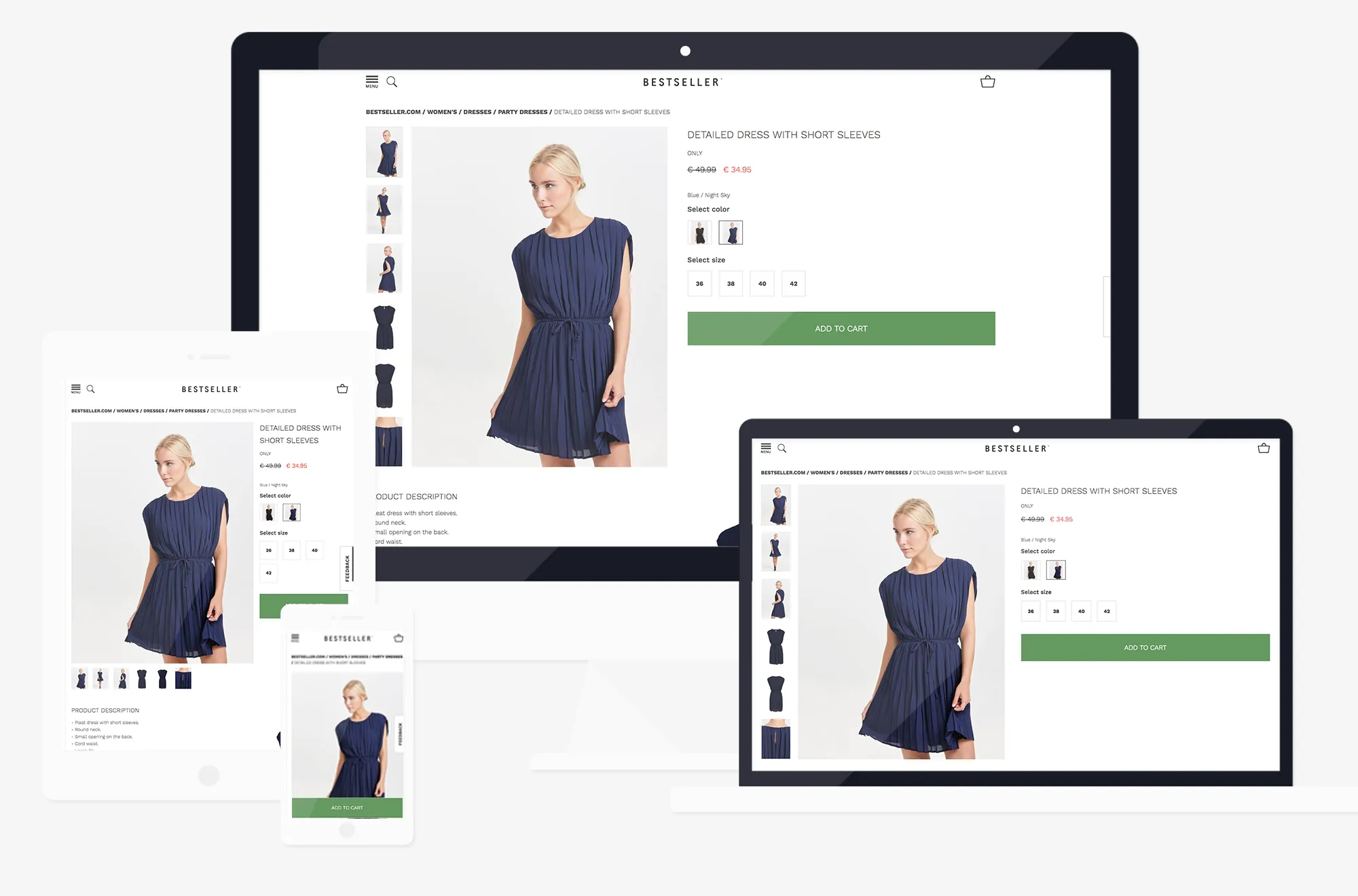 The new Bestseller product page on desktop, laptop, tablet and phone: the same layout adapts to every screen
