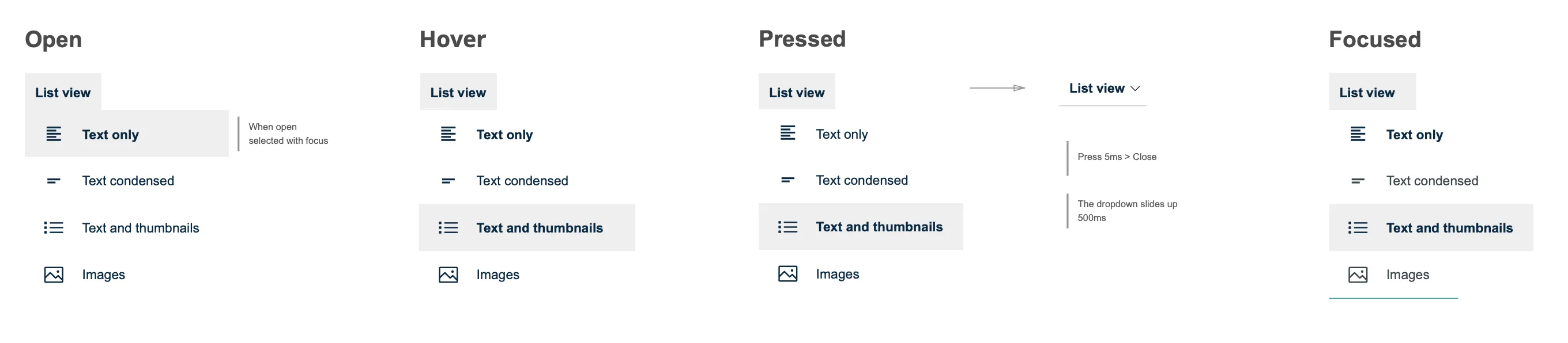 Style guide excerpt: list view component in every state
