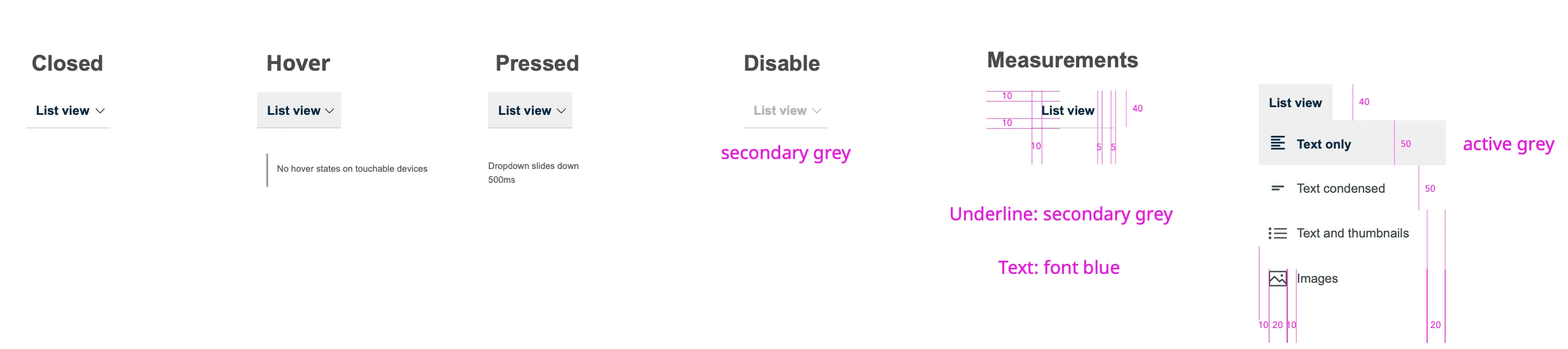 Style guide excerpt: dropdown states and measurements