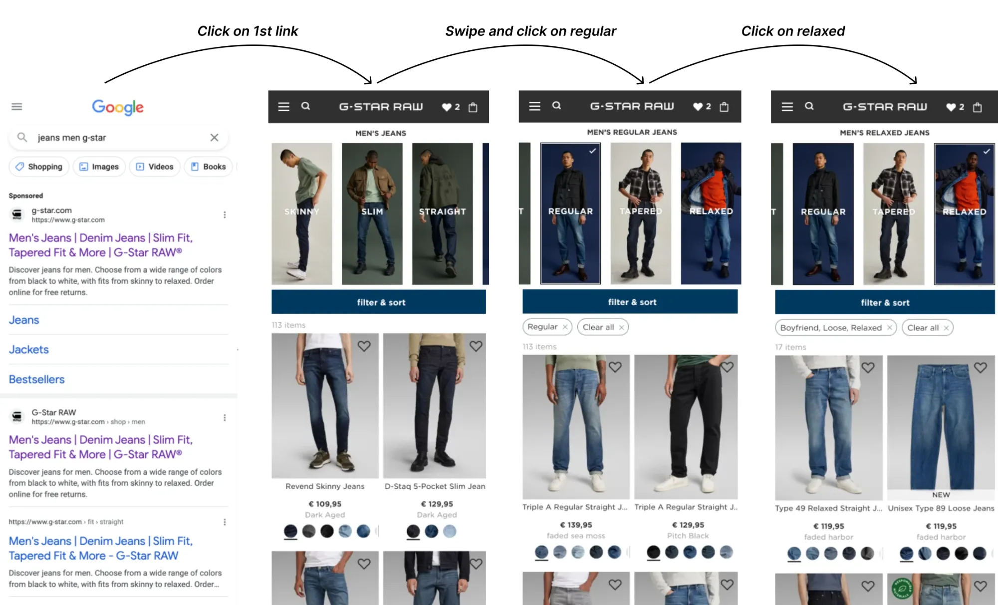The tested flow: from a Google search to the jeans page, then choosing the Regular and Relaxed fits