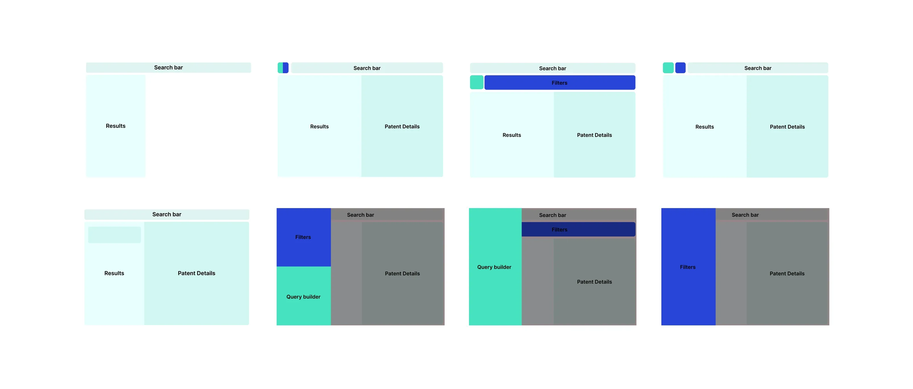 Wireframes exploring how results, details, filters and the query builder share the screen